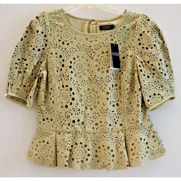 Lauren Ralph Lauren Women's Sz 10 Beige Lamb Leather Peplum Cutout Blouse $395 - Picture 1 of 13